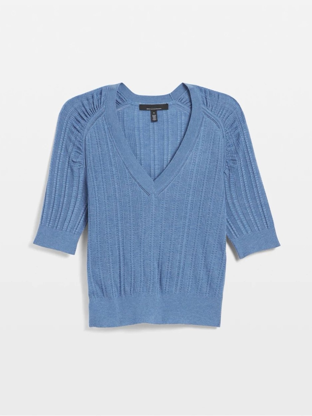 WHBM Cashmere Blend Light Blue Shirred Ribbed V-Neck Elbow Sleeve Sweater Medium